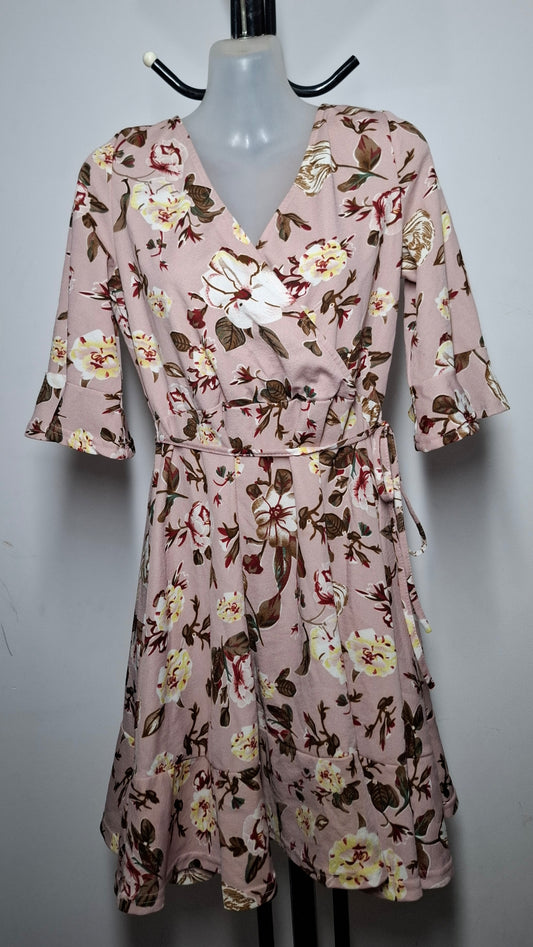 Size 12 - Floral Faux Wrap Dress With Tie & Sleeves