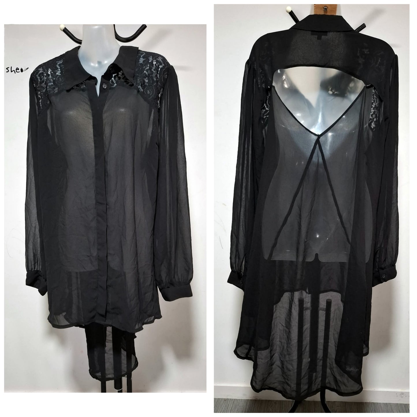 City Chic XL - Black Sheer Lace Button Up Hi-Lo Top With Sleeves