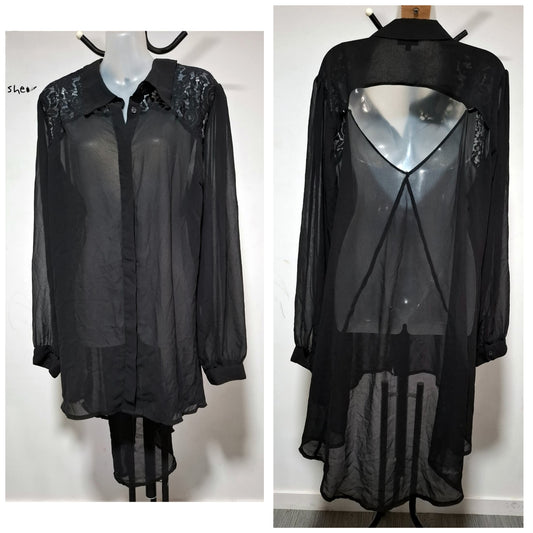 City Chic XL - Black Sheer Lace Button Up Hi-Lo Top With Sleeves