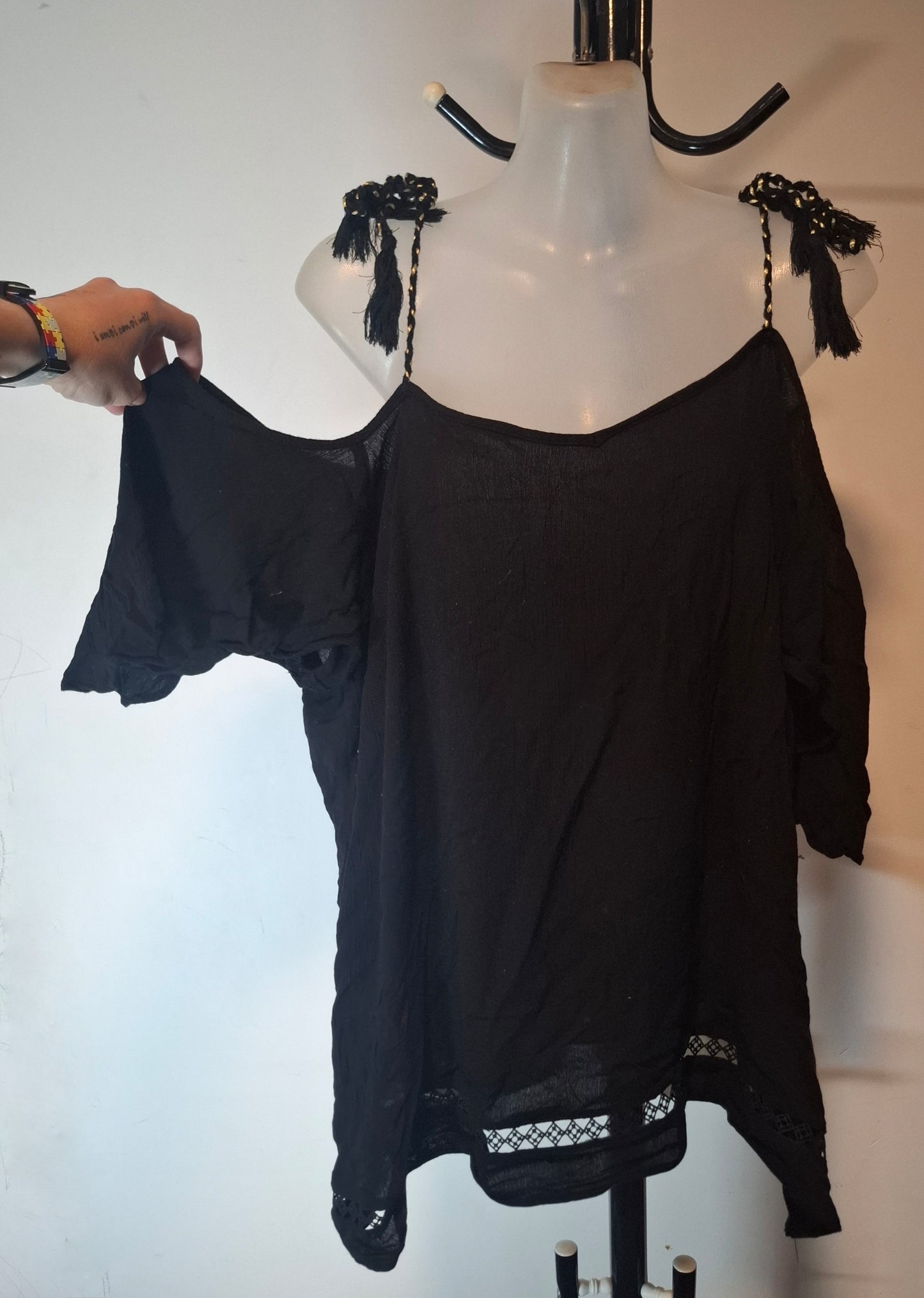 City Chic Medium - Black Tie Up Cold Shoulder Top -- FREE