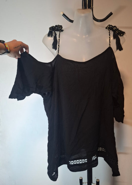 City Chic Medium - Black Tie Up Cold Shoulder Top -- FREE