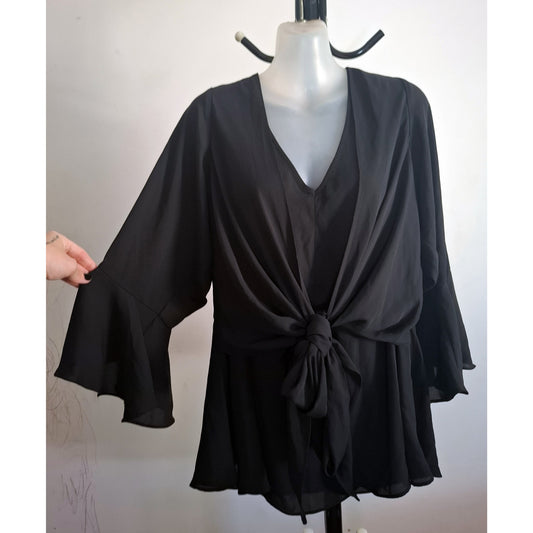 City Chic Medium - Black Tie Front Top With Sleeves