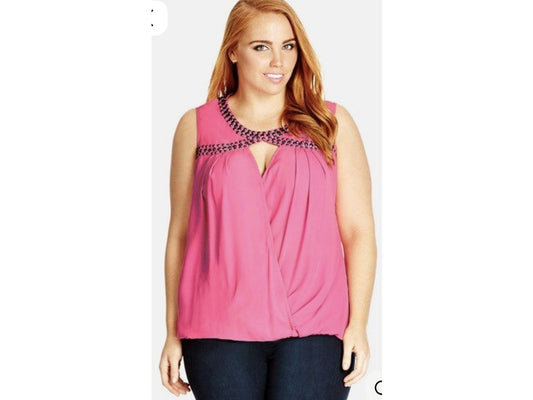 City Chic Medium - Hot Pink Studded Keyhole Faux Wrap Top