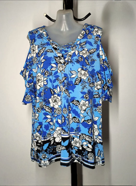 Size 16 - Blue Floral Cold Shoulder Top - Brand New With Tags