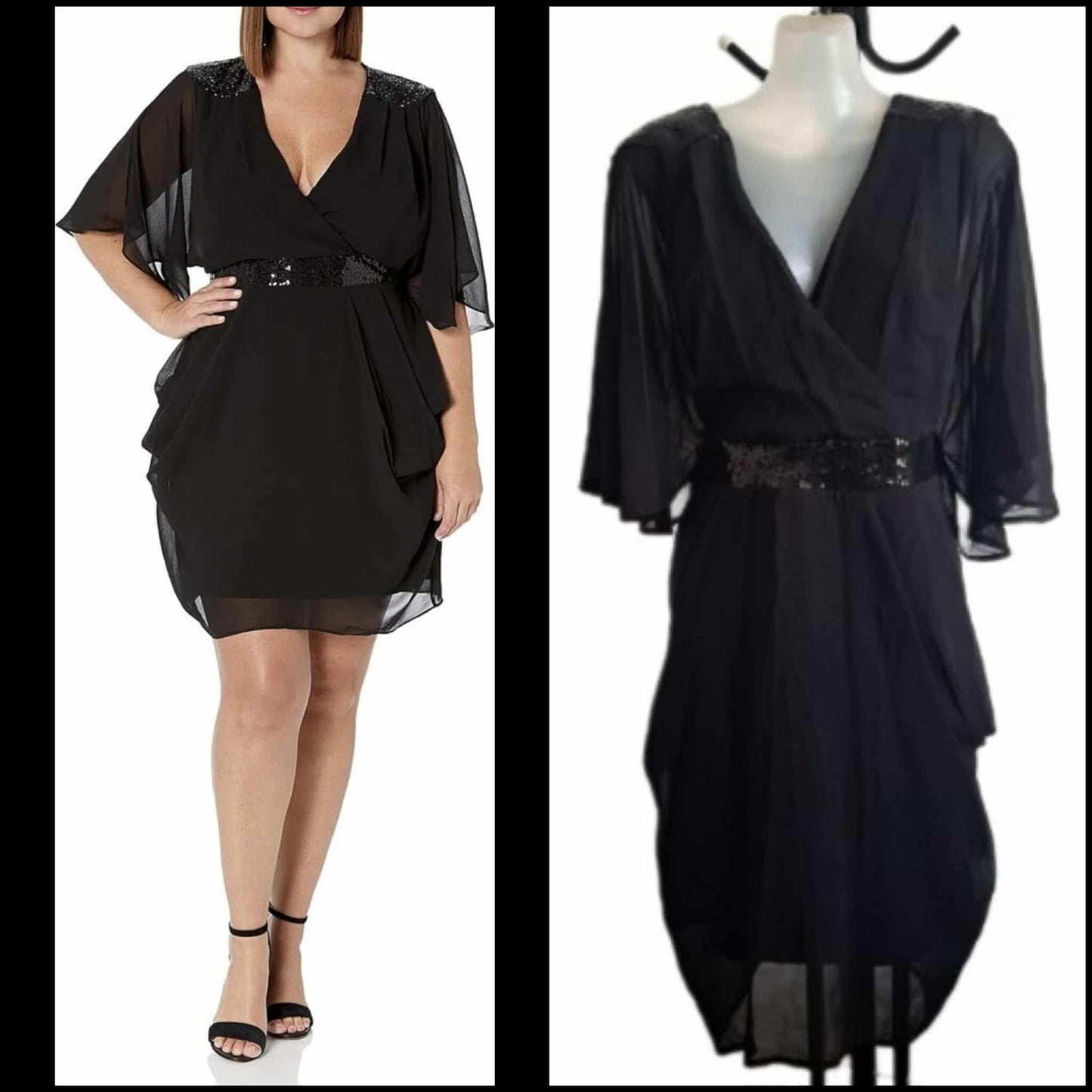 City Chic Small - Black Sequin Chiffon Faux Wrap Dress With Sleeves