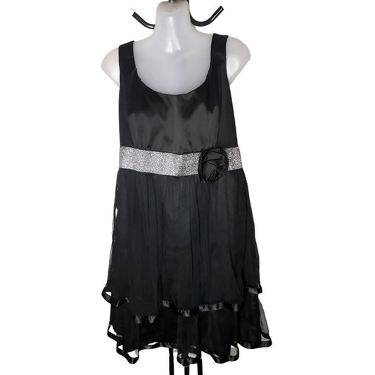City Chic XS -  Black Satin Tulle Tiered Dress With Silver Sparkly Belt Detail And Black Rose