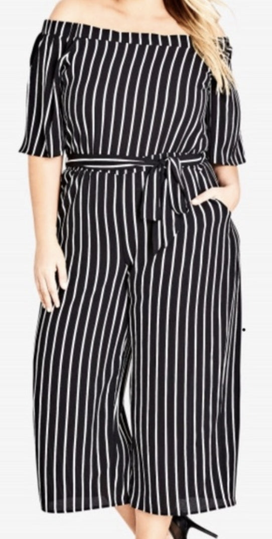 City Chic Small - Striped Wide Leg Off Shoulder Jumpsuit With Pockets Sleeves & Tie