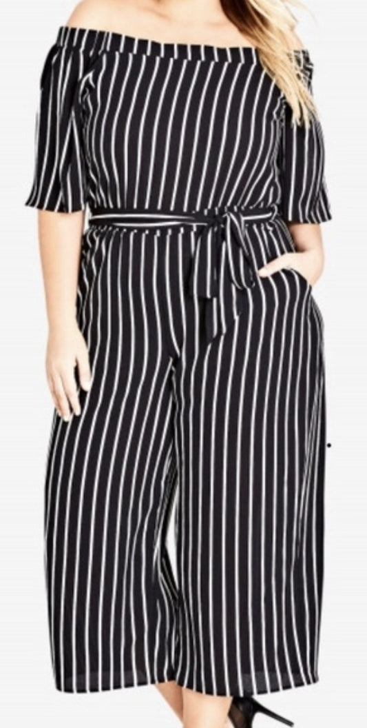 City Chic Small - Striped Wide Leg Off Shoulder Jumpsuit With Pockets Sleeves & Tie