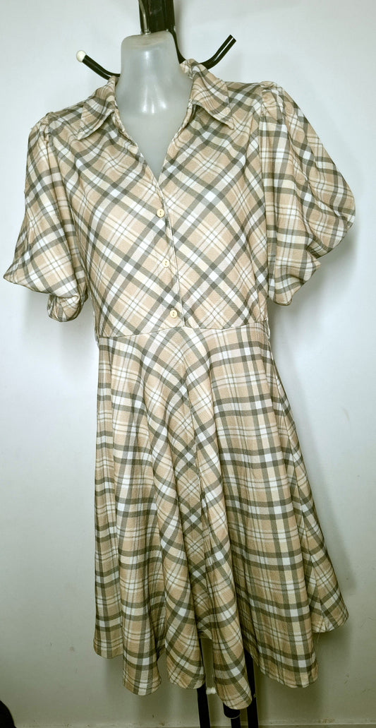 Size 12 - Plaid Button Up Fit & Flare Dress With Bubble Sleeves