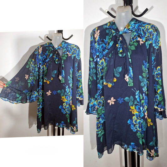 City Chic XL - Navy Floral Tie Neck Top
