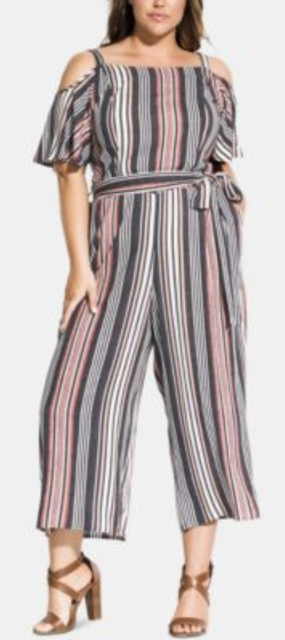 City Chic XS - Black & White Striped Cold Shoulder Jumpsuit With Tie