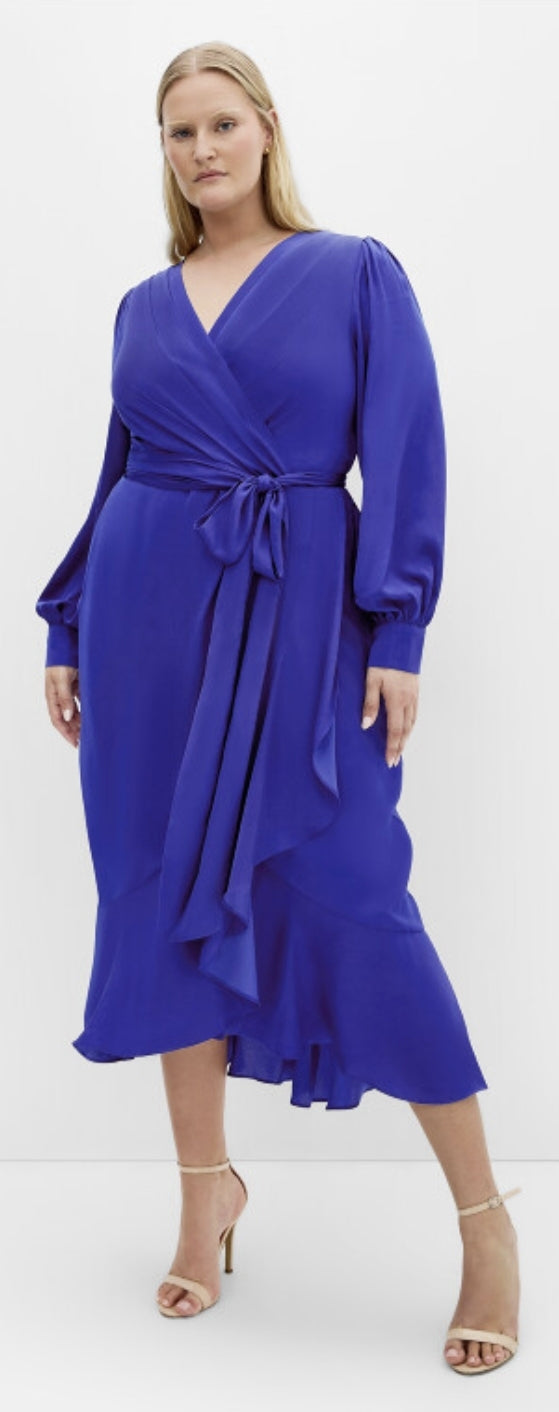 City Chic XS - Blue Faux Wrap Dress With Sleeves & Tie