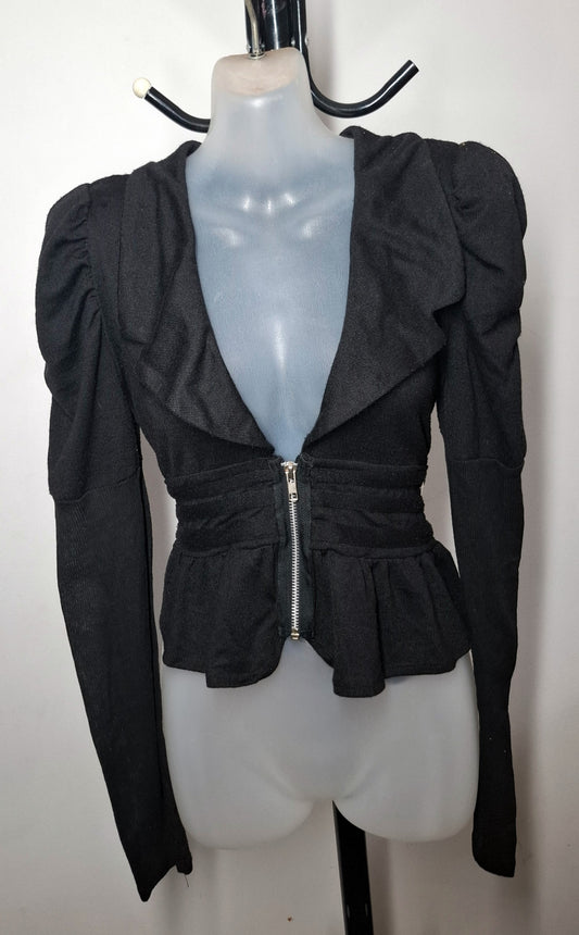 Size 12 - Stretchy Black Cropped Frill Zip Up Peplum Cardigan With Sleeves